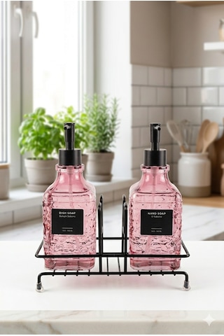 Modern Çizgili - Kabartmalı Cam İkili Sıvı Sabunluk & Deterjanlık Seti - 500ml Standlı Mutfak Ve Banyo Organizeri Pembe