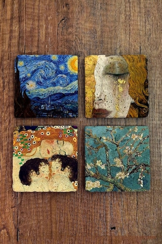 Doğal Taş Bardak Altlığı 4'lü Set 10x10x1 Cm Gustav Klimt Ve Van Gogh Eserleri- Stone Coasters Çok Renkli