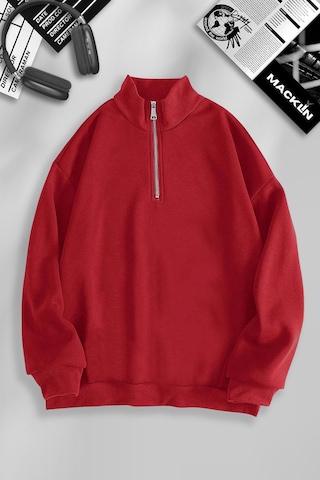 Macklin Unisex Kadın Erkek Baskısız Yarım Fermuarlı Dik Yaka Basic Sweatshirt Kırmızı Mck0604 Kırmızı
