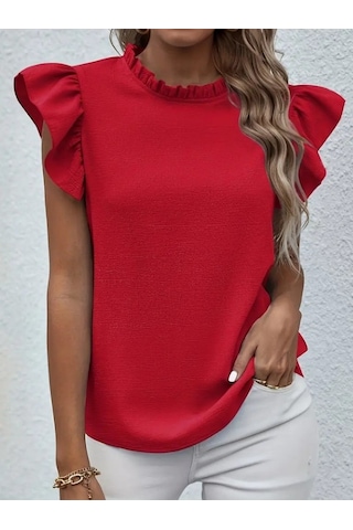 Kadın Kısa Kollu Fırfır Yakalı Bürümcük Bluz Kırmızı