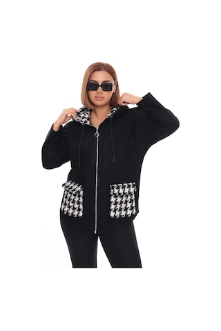 Lady Majestic Büyük Beden Kapüşonlu Fermuarlı Sweatshirt Hırka 44-58 Beden Siyah