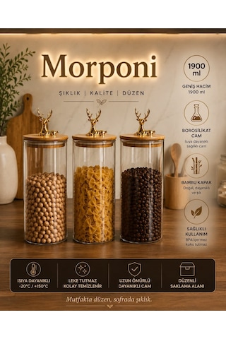 Qerhome 3'lü Borosilikat Cam Gold Geyik Figürlü Bambu Kapaklı Kavanoz 1900 Ml Şeffaf Alk