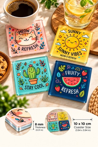 Gökçeoğlu Cam Bardak Altlığı Stay Cool 4'lü Takım 10cm X 10cm Çok Renkli