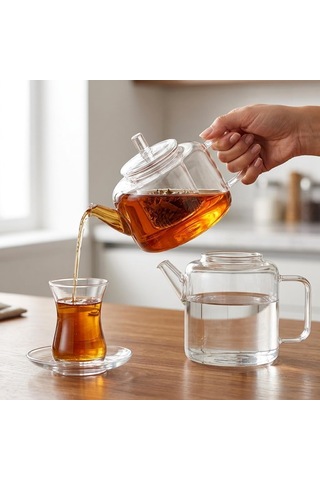 Lexroo Flat Borosilikat Cam Çaydanlık Takımı 980 Ml Demlik + 1600 Ml Alt Demlik Çok Renkli