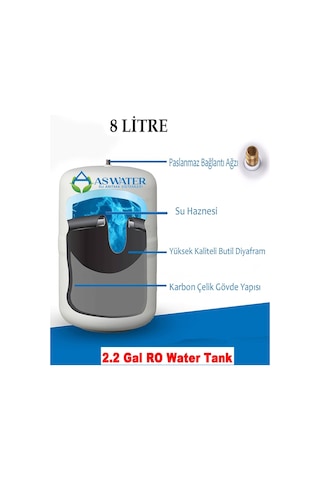 As Water Su Arıtma Cihazı Çelik Su Tankı 2.2 Galon 8lt Tank