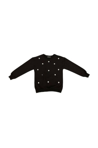 Kız Çocuk Pamuklu İnci İşlemeli İnce Sweatshirt-15007 Siyah