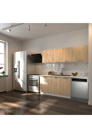 Pats Hazır Mutfak Dolabı 200 Cm -beyaz Laminat Tezgah Dahil-bulaşık Makinesi Yeri Mevcut Meşe