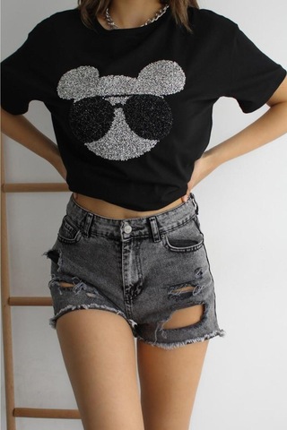 Femelle Kadın Yeni Sezon Bisiklet Yaka Pamuklu T-shirt Siyah