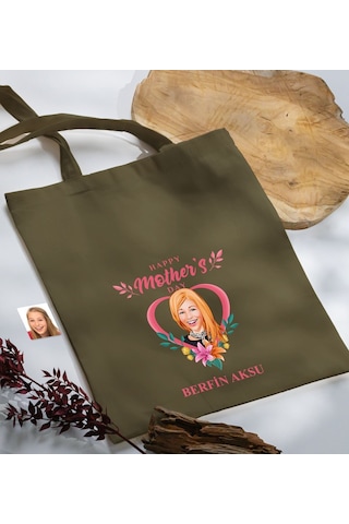 Bk Gift Kişiye Özel Anneler Günü Karikatürlü Haki Kumaş Bez Çanta, Baskılı Omuz Çantası, Alışveriş Çantası, Anneye Hediye-5 Haki