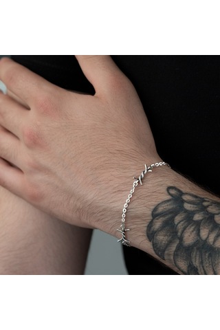 Dkmn Gümüş Dikenli Tel Şekilli 925 Ayar Erkek Gümüş Bileklik