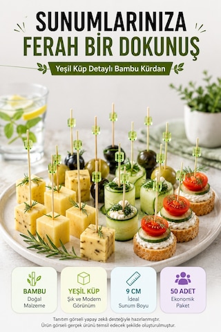 50 Li Yeşil Küp Bambu Kürdan 9 Cm Parti Davet Kokteyl Kanepe Sunum Kürdanı Organizasyon Sofra Seti