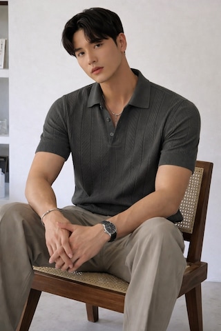 Tarz Cool Erkek Triko Polo Yaka Tişört Slim İnce Dokulu Şık Basic Triko T-shirt Siyah