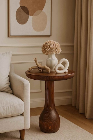 Meşe Renk Masif Ahşap Tekli Yan Sehpa Doğal Mantar Sehpa Modeli Meşe