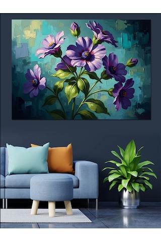 Mor Çiçekli Dallarda Mavi Kelebekler Dekoratif Kanvas - Mdf Ahşap Tablo