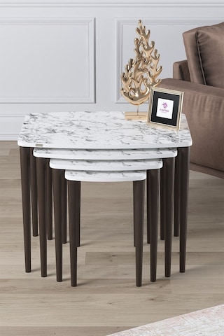 Canisa Concept Telwe Serisi Üst Kalite Mdf 4lü Zigon Sehpa Takımı Beyaz Mermer Desenli / Ceviz Tablalar Beyaz Mermer Desenli/ Ayaklar Ceviz