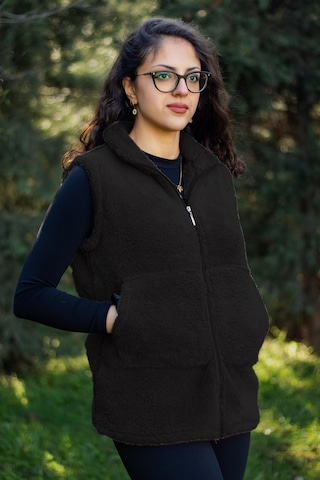 Kadın Siyah Kırmızı Dik Yaka Kalın Peluş Fermuarlı Yelek 24kylkk215 001