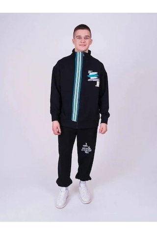 Erkek Çocuk Dik Yaka Fermuarlı Çizgi Detaylı Teenage Hırka-13544 Siyah