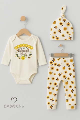 Babyden's Babasının Balı 3 Lü Yenidoğan Takım %100 Pamuk Uzun Kol Body,çiçek Arı Desenli Ribana Pantolon,bere Ekru