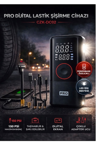 Rose Teknoloji Digital Göstergeli Powerbank Özellikli Led Li Çok Amaçlı Araç Lastik Şişirme Pompası Siyah