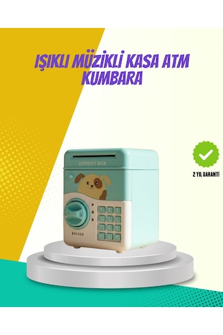 Atm Görünümlü Su Yeşili Otomatik Para Çeken Şifreli Kumbara Düz Renkli