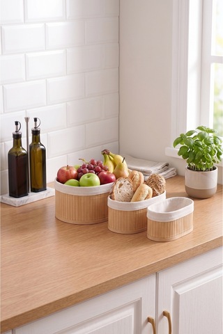 Oval 3 Lü Set İçi Kumaşlı Oval Bambu Düzenleyici Sepet Çok Amaçlı Organizer-oval Bej Bej