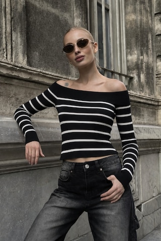 Ramior Collectıon Kadın Beyaz Çizgili Kayık Yaka Fitilli Triko Bluz Siyah - 813592523 Siyah