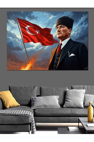 Türk Bayrağı Ve Atatürk Portresi Dekoratif Kanvas - Mdf Ahşap Tablo