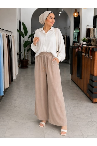Esra Butik78 Kadın Müslin Kumaş Bol Paça Pantolon Beli Lastikli Cepli Yazlık Rahat Günlük Pantolon 36-44 Beden Kahverengi