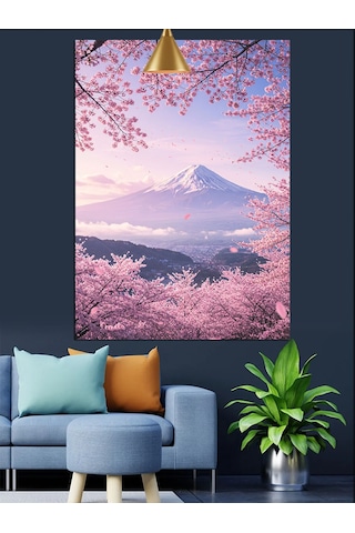 Japonya'da Kiraz Çiçekleri Arasında Fuji Dağı Dekoratif Kanvas - Mdf Ahşap Tablo