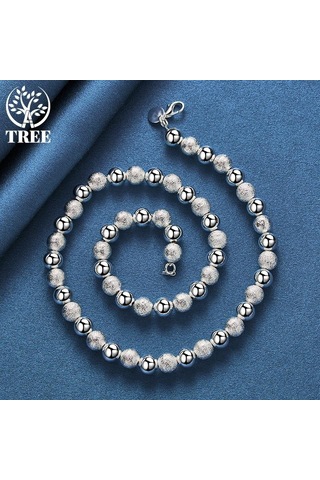 925 Ayar Gümüş 8mm Boncuk Top Zincir Mat Pürüzsüz Kolye Takı