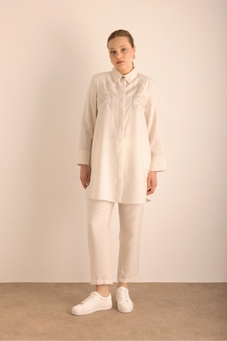 Aker Nakışlı Viscon Keten Tunik Taş Taş