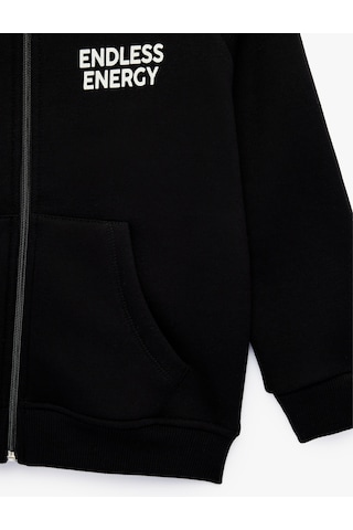 Koton Baskı Detaylı Pamuklu Cepli Üç İplik Şardonlu Kapşonlu Fermuarlı Sweatshirt Siyah 7wkb10228tk