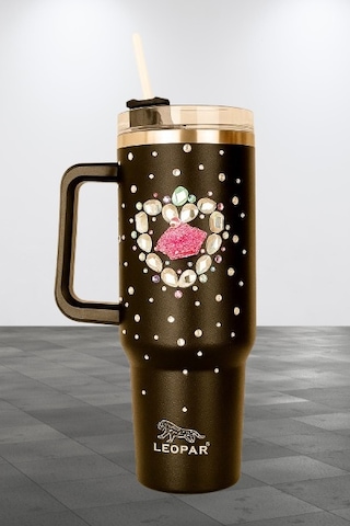 Pipetli 1,2 Litre Kulplu Çelik Termos Renkli Üzeri Taş İşlemeli - Siyah Siyah