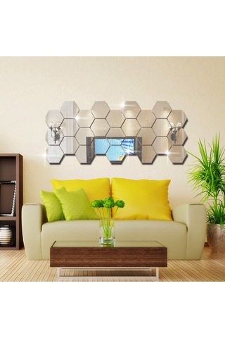 Fosenze Kendinden Yapışkanlı 36 Adet Akrilik Ayna Çıkartma - Parlak Gümüş Renkli Dekoratif Duvar Sticker Gümüş