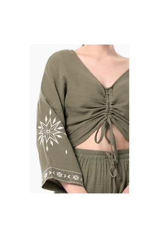 Uzun Kol Günışığı Büzgü Detaylı Yazlık Müslin Bluz Haki Hk-haki Haki