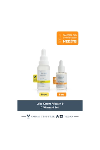 The Purest Solutions Leke Karşıtı Arbutin & C Vitamini Seti: 30 ml Leke Serumu + 8 ml Tanışma Boy C Vitamini