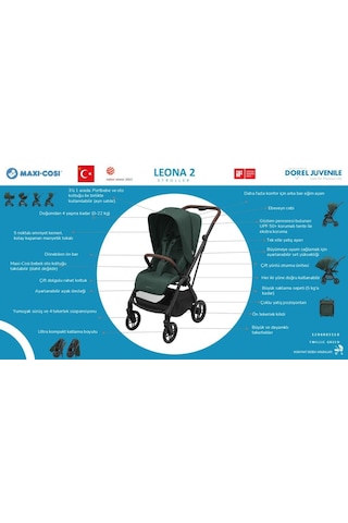 Maxi-Cosi Leona2 Çift Yönlü Uzatılabilir Sırt Desteği Tam Yatabilir Seyahat Sistem Olabilen Bebek Arabası Twillic Green
