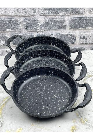 Mabeyn 3'lü Set Döküm Siyah Granit Sahan Tava 22cm-20cm-18cm 3lü