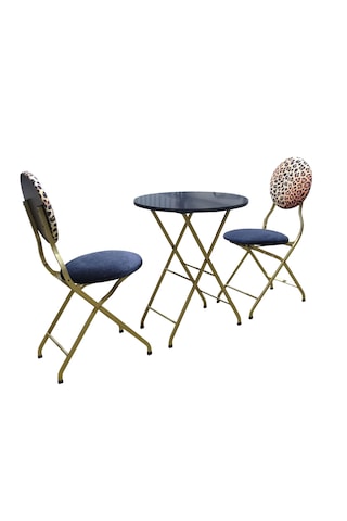 Katlanabilir Leopar Desenli Gold Metal Masa Ve Sandalye Takımı -