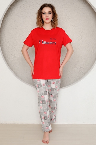 Fames Pijama Yazlik Çiçek Desen Kadin Pijama Takim Kırmızı