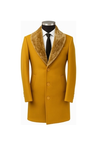 Plus Scorpion Erkek Uzun Kaşe Kaban Çıkartılabilir Kürk Yaka, Astarlı Ve Cepli Slim Fit Mont Hardal Sarısı