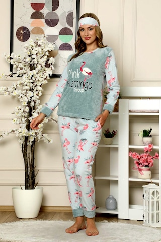 Nisanca Kışlık Uzun Kollu Bayan Peluş Polar Pijama Takımı İpeksi Doku Yesil