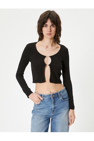 Koton Crop Hırka Bisiklet Yaka Metal Aksesuarlı Siyah 4sak80266ek Siyah
