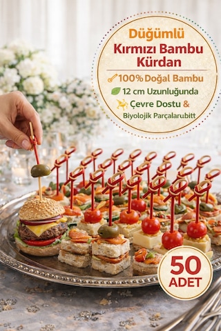 50 Li Paket I 12 Cm Düğümlü Kırmızı Bambu Kürdan Kokteyl Kürdan Sunum Çubuğu Aperatif Kürdan