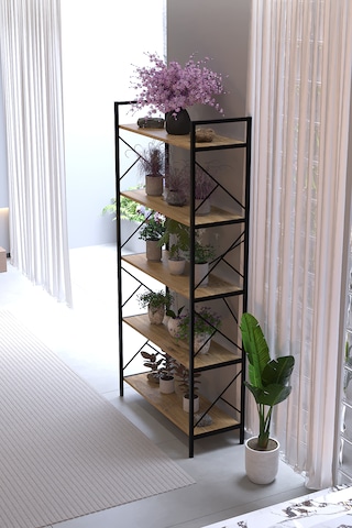Manolya 5 Raflı Metal Çiçeklik 180x90 Cm Dekoratif Bitki Standı Çok Amaçlı Kitaplık Salon Balkon Ofis Raf Ünitesi Atlantik Çam