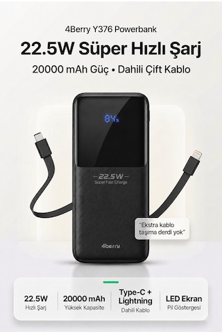 Ym832 20000mah 22.5w Süper Hızlı Şarj Type-c Ve Lightning Kablolu Powerbank Siyah