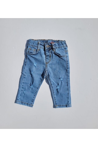 Erkek Bebek Beli Lastikli Yırtık Detaylı Kot Pantolon-11699-kot Mavi