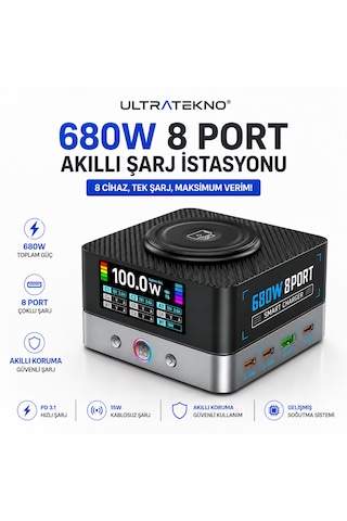 Ultratekno Wlx-r8a 680w Gan 8 Port Pd 3.1 Hızlı Şarj İstasyonu Kablosuz Şarj Destekli Usb Type-c Laptop Telefon Tablet Şarj Cihazı Siyah-Gri