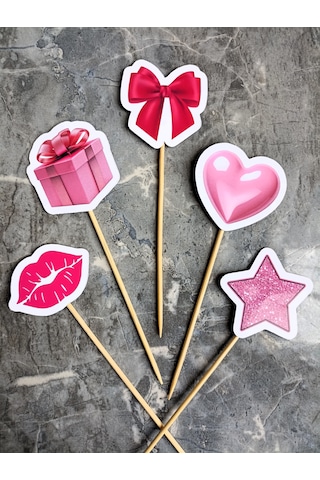 15 Adet Pembe Kalp Yıldız Pasta Kürdanı 5cm Cupcake Pasta Süsü