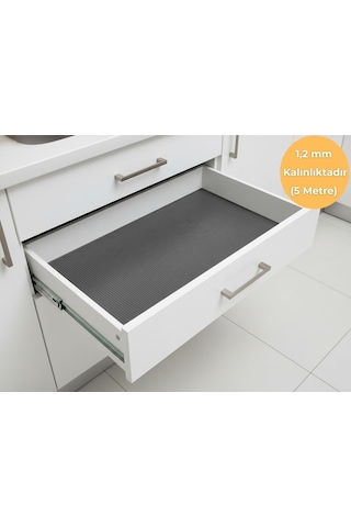 Almıtal 48 Cm X 5 M Antrasit Çizgi Desenli Suni Deri, Çekmece İçi Kaydırmaz Çekmece Halısı, Raf Örtüsü Çok Renkli